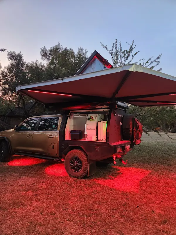 Awning and canopy lit at dusk
